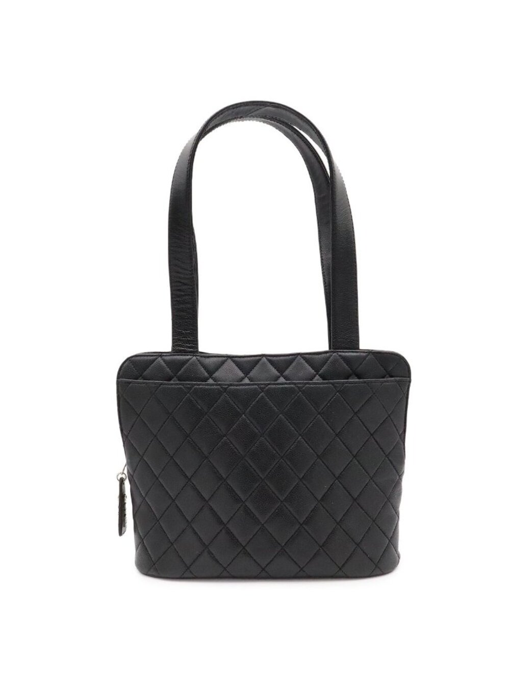Chanel Quilted CC Logo Tote Shoulder Bag Caviar Leather Black Silver